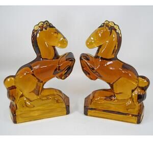 Vintage LE Smith Heavy Amber Glass Rearing Horse Bookends 8" Art Deco MCM